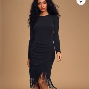 NWT Lulu’s Out For the Evening Black Fringe Long Sleeve Bodycon Dress
